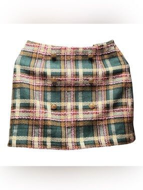 Fate Plaid Mini Skirt Size M Green Pink Gold Button Academia Preppy